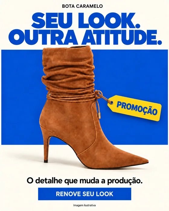 Bota color caramelo con tacón, sobre un fondo azul y el texto «Seu look. Outra atitude.».