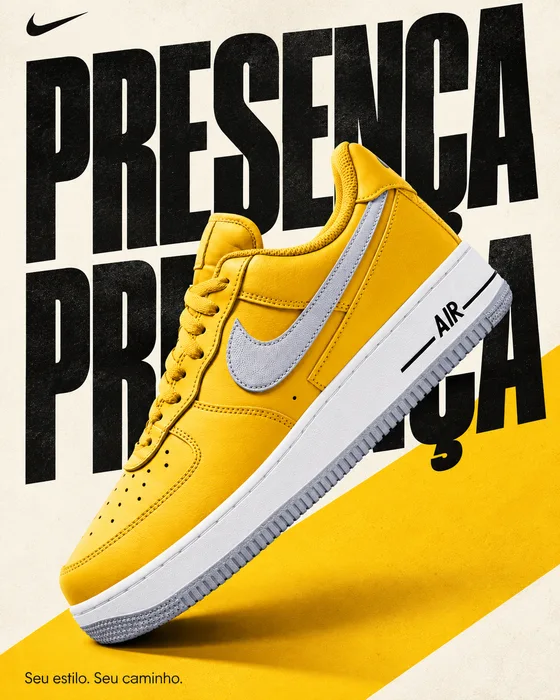 Zapatilla Nike amarilla sobre una composición tipográfica con la palabra «Presença».