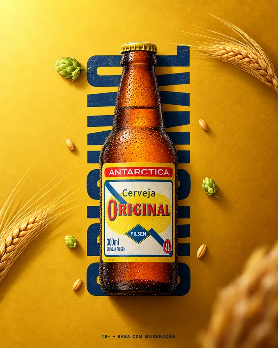 Botella de cerveza Original con cebada y lúpulo sobre un fondo amarillo.