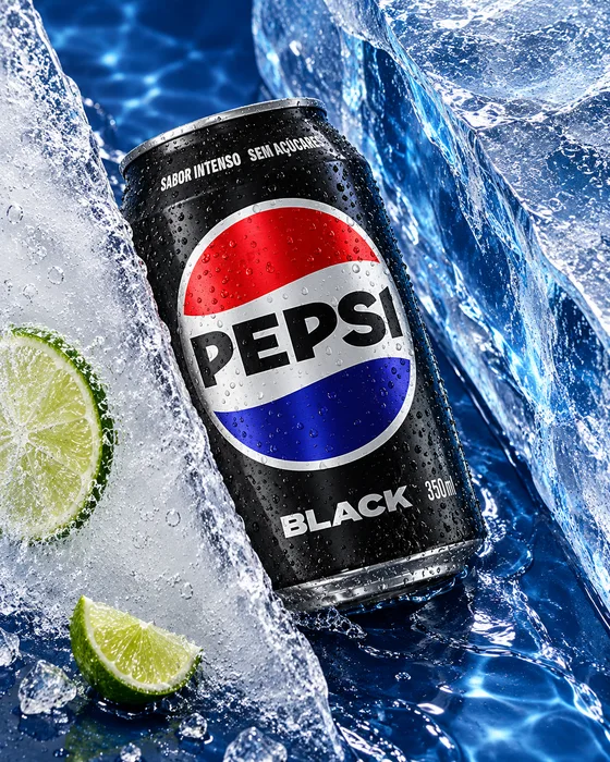 Lata de Pepsi Black entre hielo y lima sobre un fondo azul.