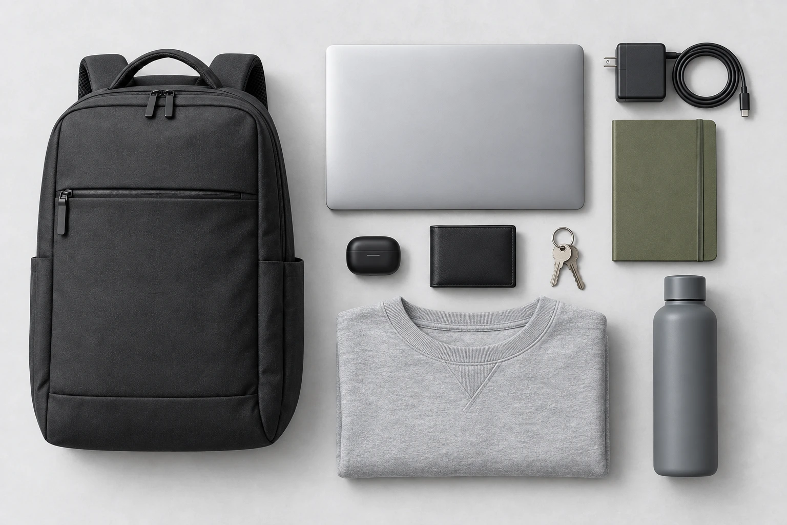 Mochila NOMA ao lado de notebook, carregador e cabo, caderno, fone, carteira, chaves, garrafa e casaco: todos os itens de um conjunto para o dia a dia