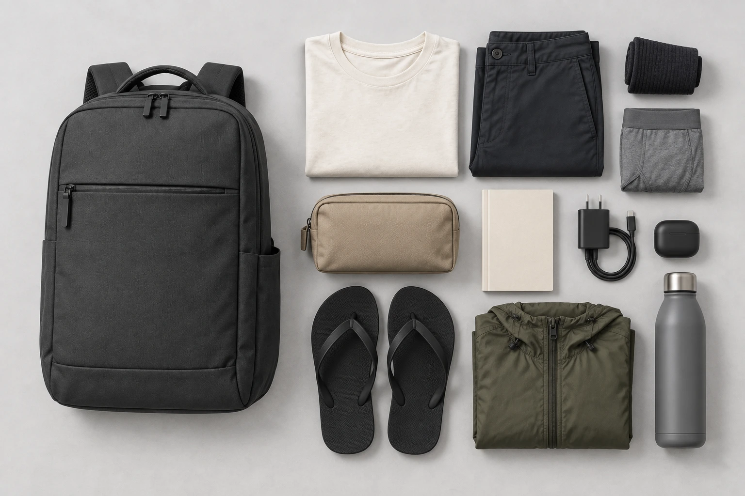 Mochila NOMA com camiseta, calça leve, roupa íntima e meias, nécessaire, chinelos, livro, carregador, fone, corta-vento e garrafa organizados ao lado