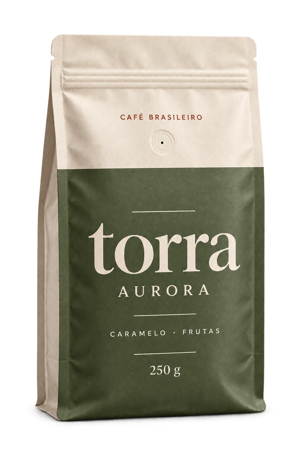 Pacote de 250 g do café Torra Aurora, com rótulo verde-oliva