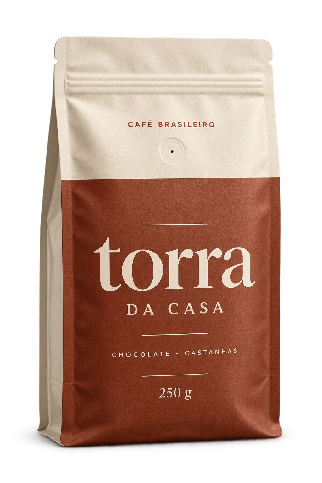 Pacote de 250 g do café Torra Da Casa, com rótulo terracota