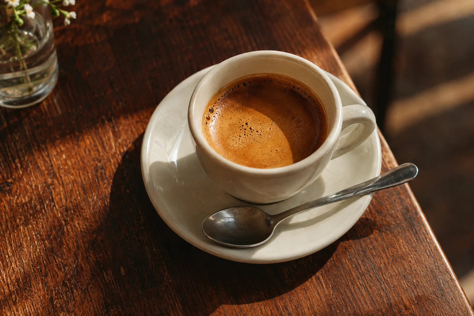 Café recém-preparado em xícara de cerâmica, sobre uma mesa de madeira ao sol