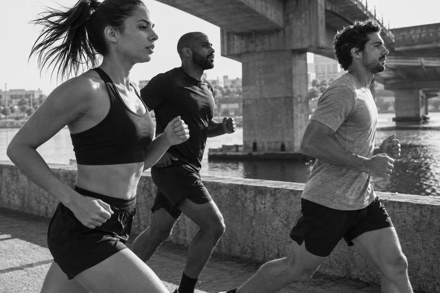 Corredores da turma lado a lado numa pista urbana
